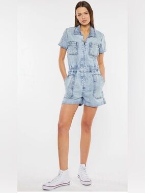 👗Kancan Faded Light Blue Denim Romper